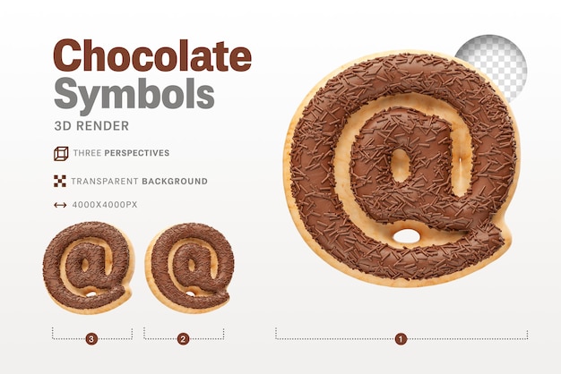 PSD gratuito simbolo realistico arroba a forma di ciambelle al cioccolato in 3d render con sfondo trasparente