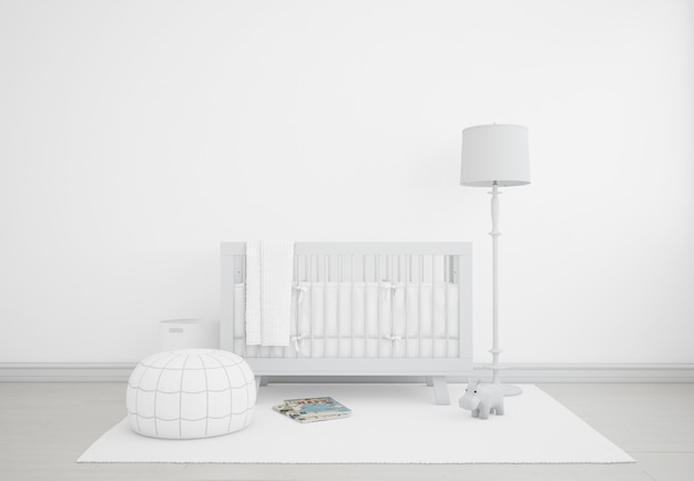 realistic white baby bedroom with a cradle