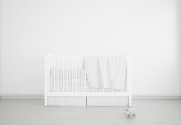 Realistic white baby bedroom with a cradle