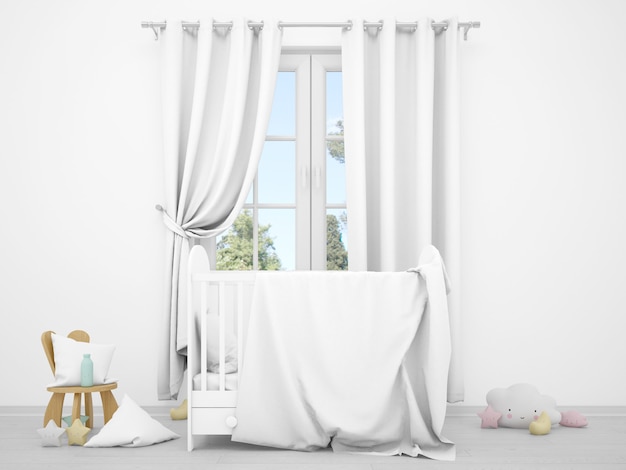 реалистичная белая детская спальня с окном и колыбелью