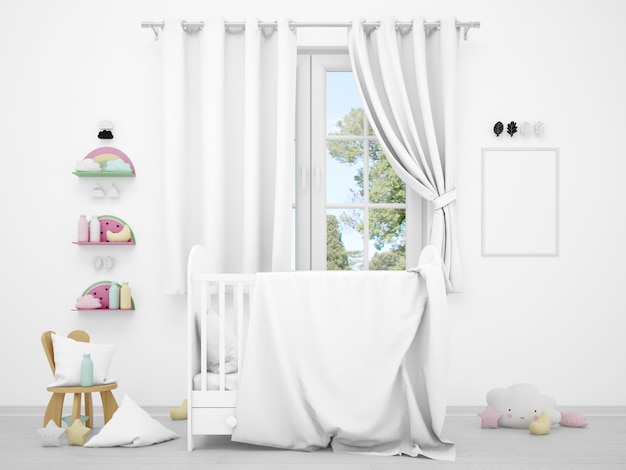 Free PSD realistic white baby bedroom with a window and a cradle