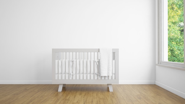 Realistic white baby bedroom with a window and a cradle