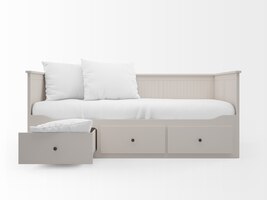 realistic white bed with drawers