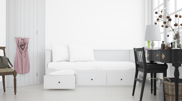 Realistic white bedroom with furniture – Free PSD Template