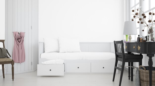 realistic white bedroom with furniture
