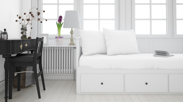 realistic white bedroom with furniture