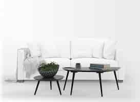 Free PSD realistic white sofa mockup with table