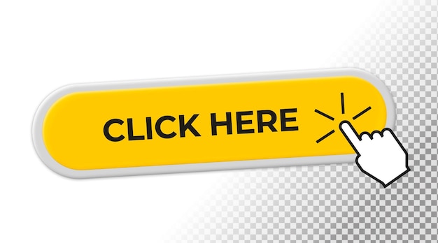 Realistic yellow clickable button with black and white icon on transparent background