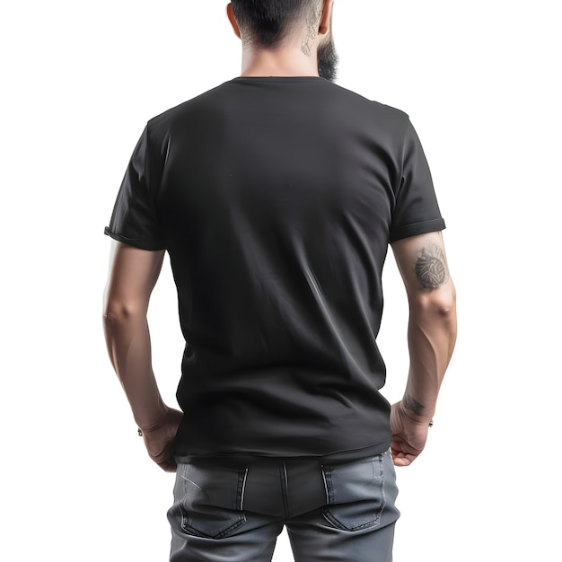 白い背景に隔離された黒いTシャツを着た男の後ろの景色