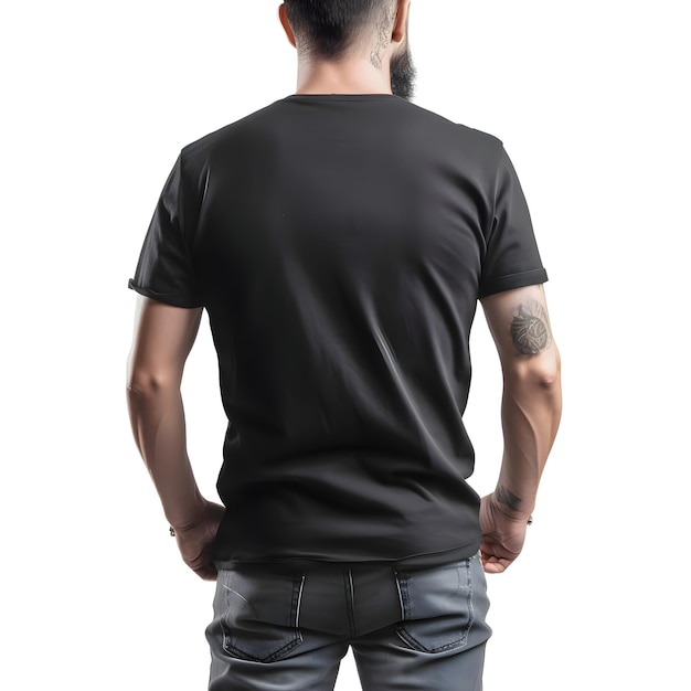 無料PSD 白い背景に隔離された黒いtシャツを着た男の後ろの景色