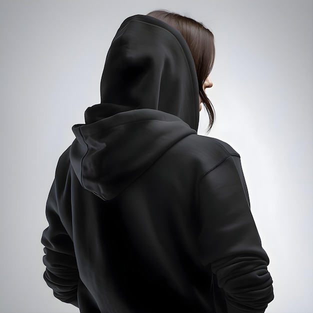 회색 배경 에 검은색 후디 를 입은 젊은 여자 의 뒷면