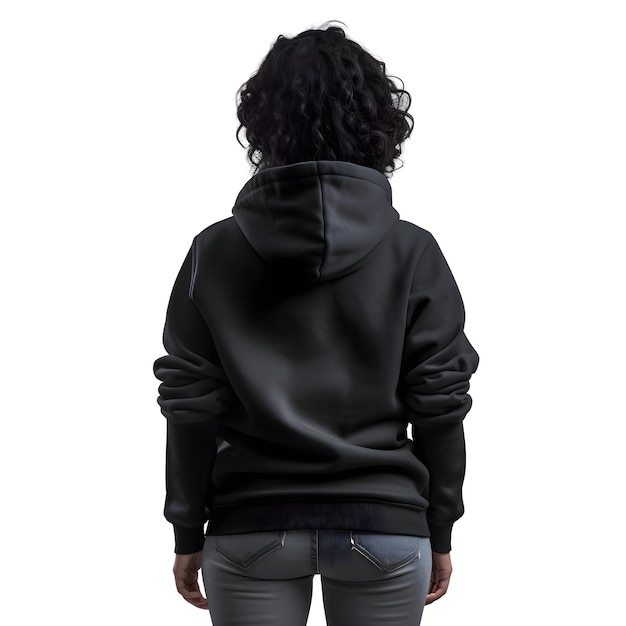 Rear view of a woman in a black hoodie on a white background