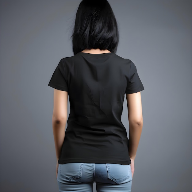 Rear View of Woman in Blank Black T-Shirt – Free PSD Download