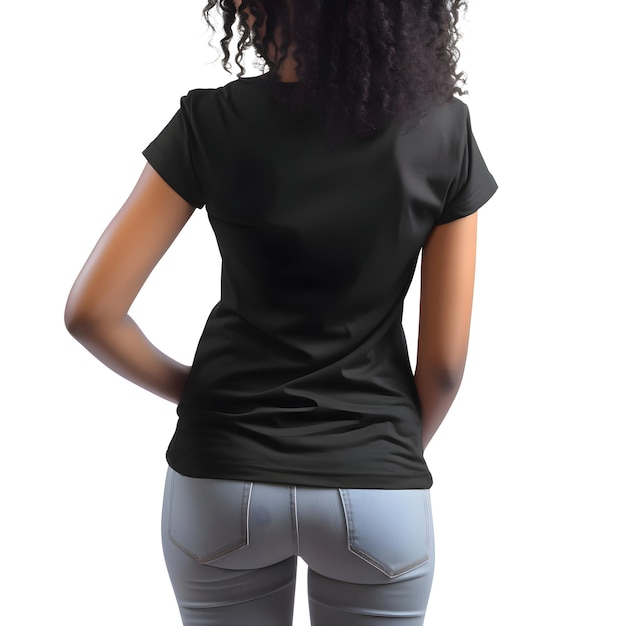 Задний вид женщины в пустой черной футболке, изолированной на белом фоне