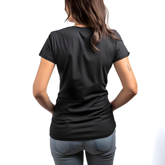 Free PSD rear view of a woman wearing blank black t shirt on white background