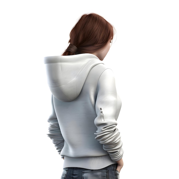 Free PSD rear view of a young woman in a white hoodie isolated on white background