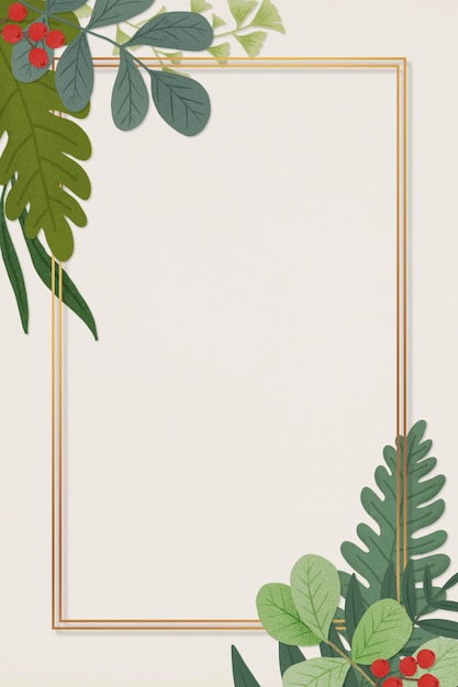 무료 PSD 나뭇잎 일러스트로 장식된 사각형 골드 프레임