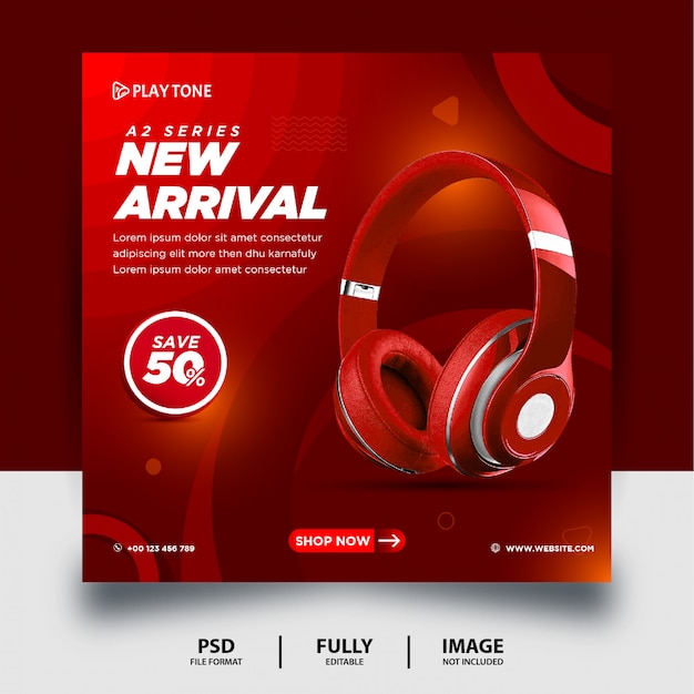 Red color headphone brand product social media post banner