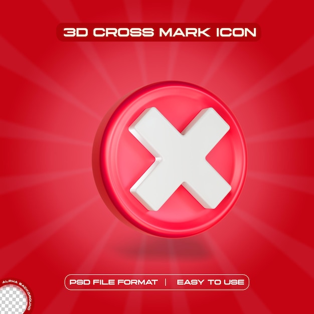 Free PSD red cross mark symbol icon 3d render illustration