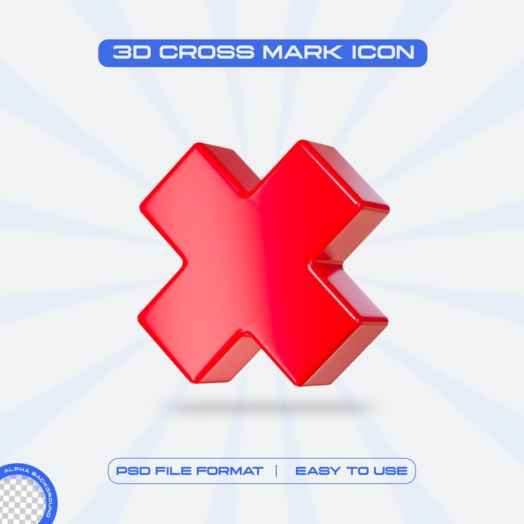 Free PSD red cross mark symbol icon 3d render illustration