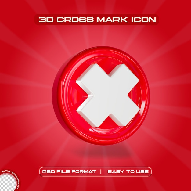 Free PSD red cross mark symbol icon 3d render illustration