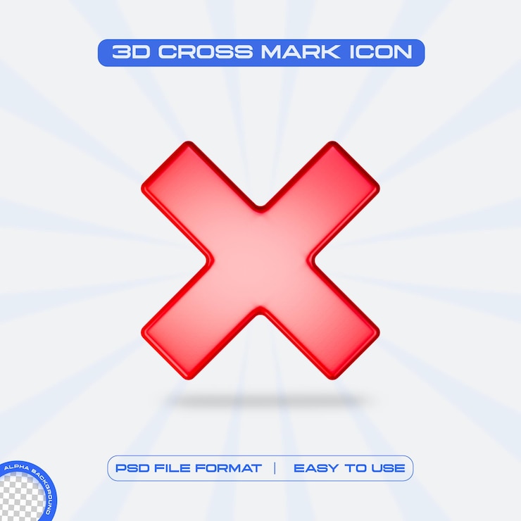 Free PSD red cross mark symbol icon 3d render illustration