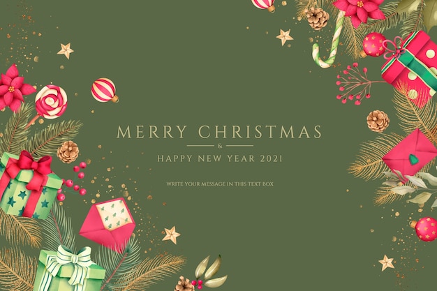 プレゼントや装飾品と赤と緑のクリスマスの背景
