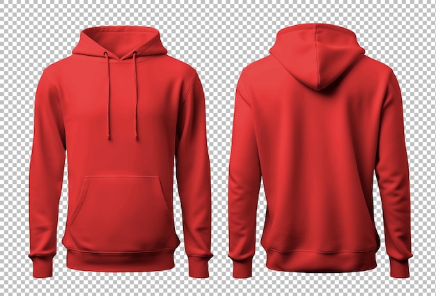 Sweatshirt rosso con cappuccio visto da davanti e da dietro isolato su uno sfondo trasparente