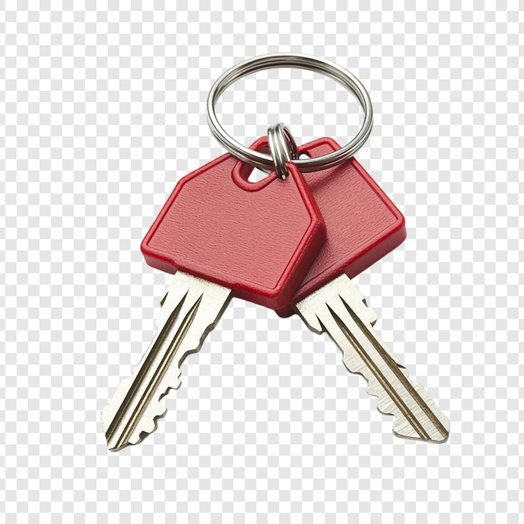 Free PSD red keys on keychain a closeup image of two metal keys with red plastic tags
