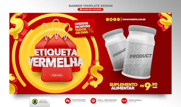 Red label banner 3d render in brazil template design in portuguese