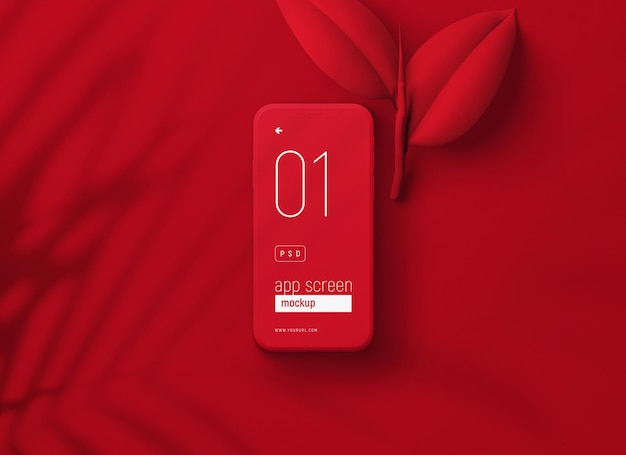 Red smartphone mockup with red leaves