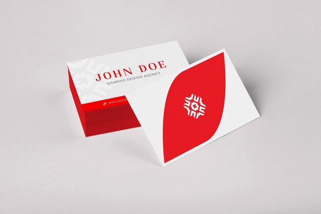 Red and white business card pile mock up