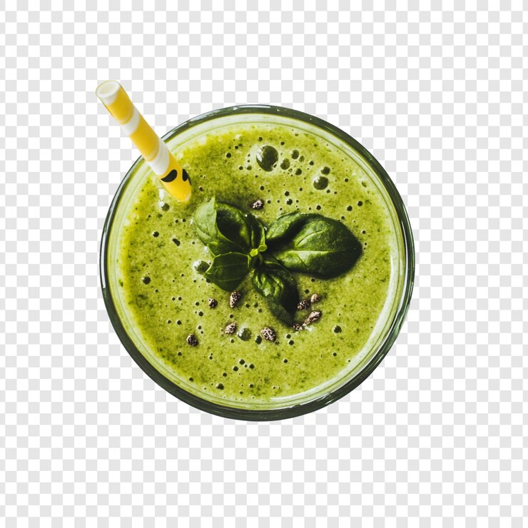 Free PSD refreshing green smoothie recipe a topdown view of a vibrant green smoothie in a glass with a straw garnished with fresh basil and chia seeds