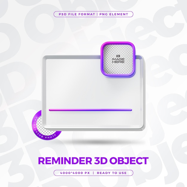Free PSD reminder panel with notification bell object isolated 3d render illustration