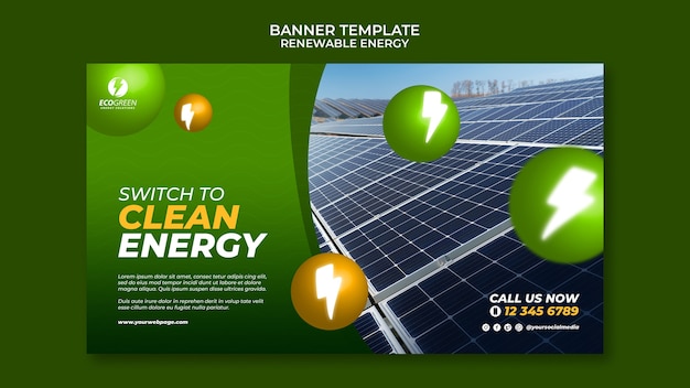 Renewable and sustainable energy horizontal banner template with spheres and lightning bolts