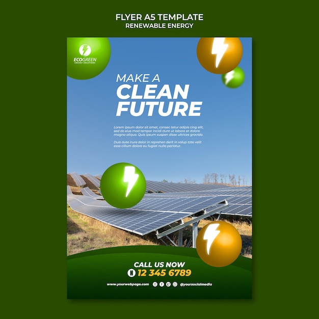 Free PSD renewable and sustainable energy vertical flyer template with spheres and lightning bolts