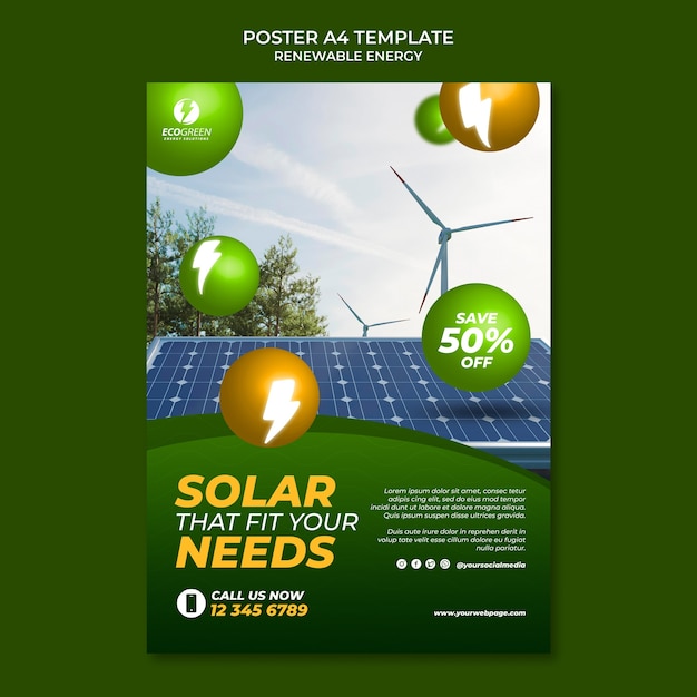 Free PSD renewable and sustainable energy vertical poster template with spheres and lightning bolts