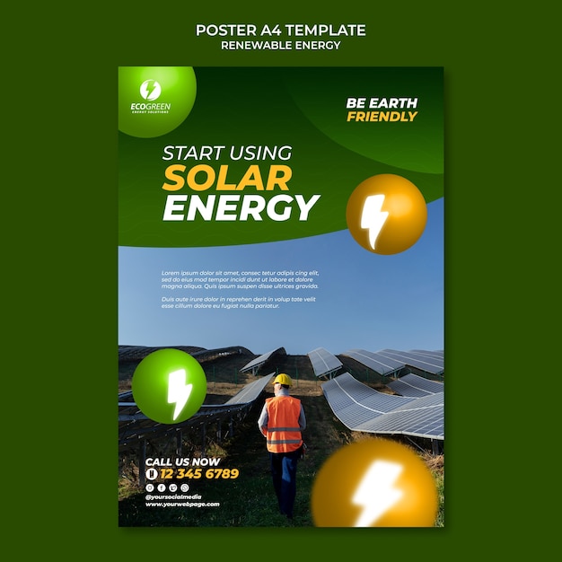 Renewable and sustainable energy vertical poster template with spheres and lightning bolts