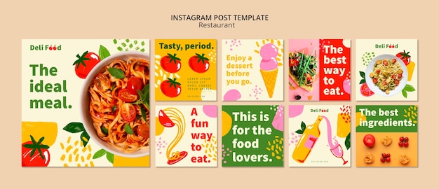 PSD gratuito raccolta di post di instagram per attività di ristorazione