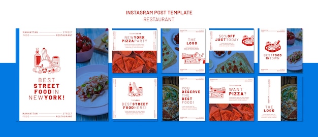 PSD gratuito raccolta di post di instagram del ristorante con cibo