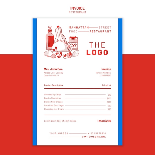 Free PSD restaurant invoice template with food