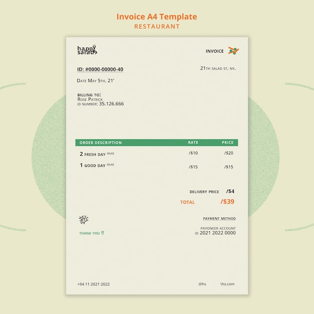 Free PSD restaurant invoice template