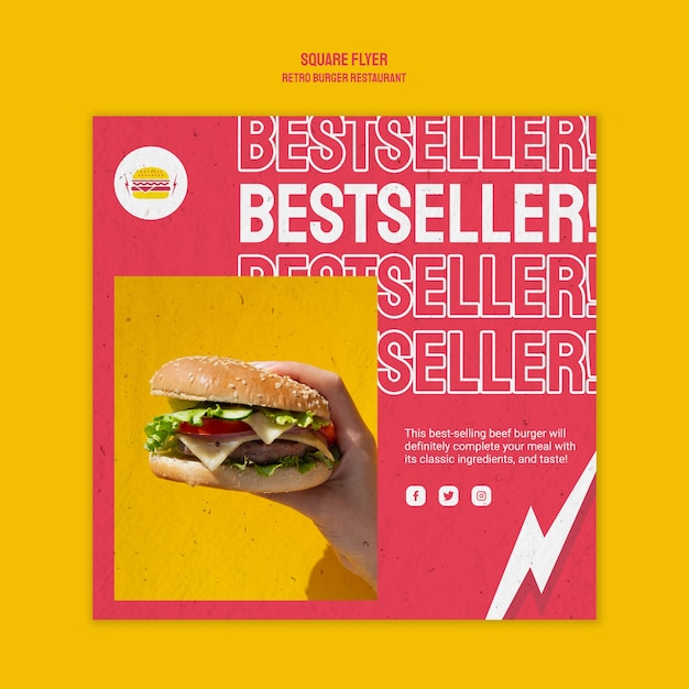 Retro burger restaurant square flyer design