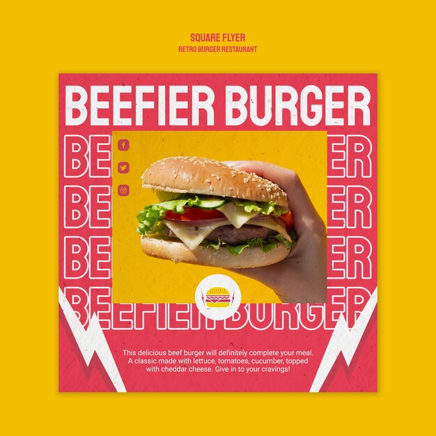 Retro burger restaurant square flyer style