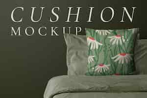 Free PSD retro floral cushion mockup psd on bed