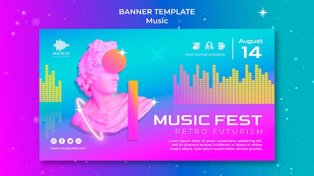 Ретро футуристический горизонтальный баннер для музыкального фестиваля