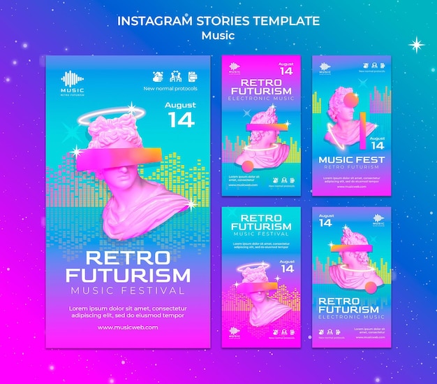 PSD gratuito collezione di storie retrò futuristiche su instagram per il festival musicale