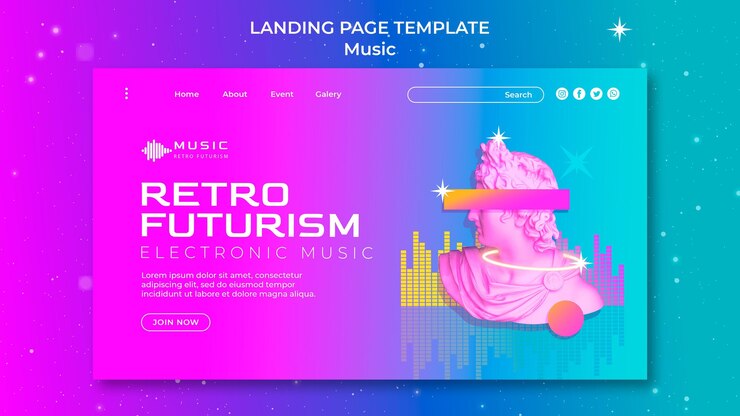 Free PSD retro futuristic landing page template for music fest