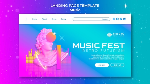 Modello di pagina di destinazione futuristica retrò per il festival musicale