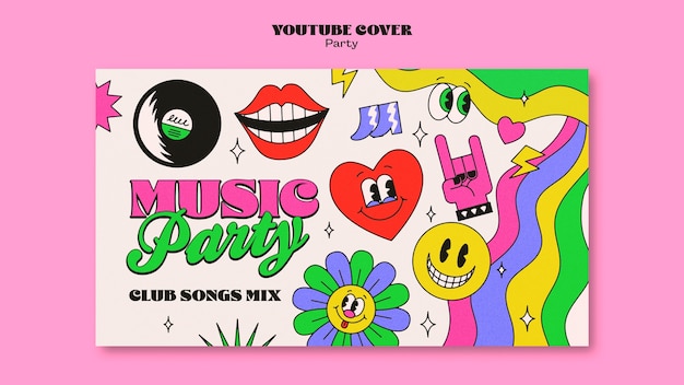 Бесплатный PSD Обложка youtube для вечеринки в стиле ретро